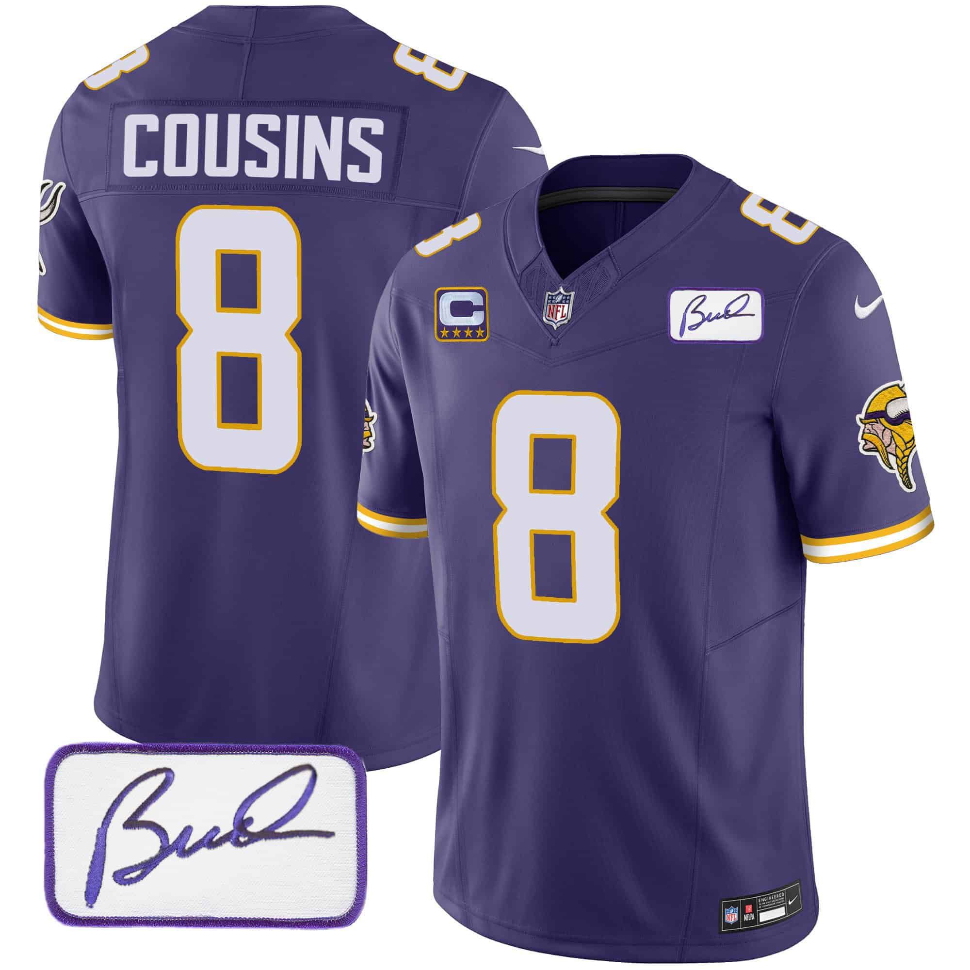 Men Minnesota Vikings #8 Cousins Purple 2024 Nike Bud Grant Patch Classic Limited NFL Jersey style 3